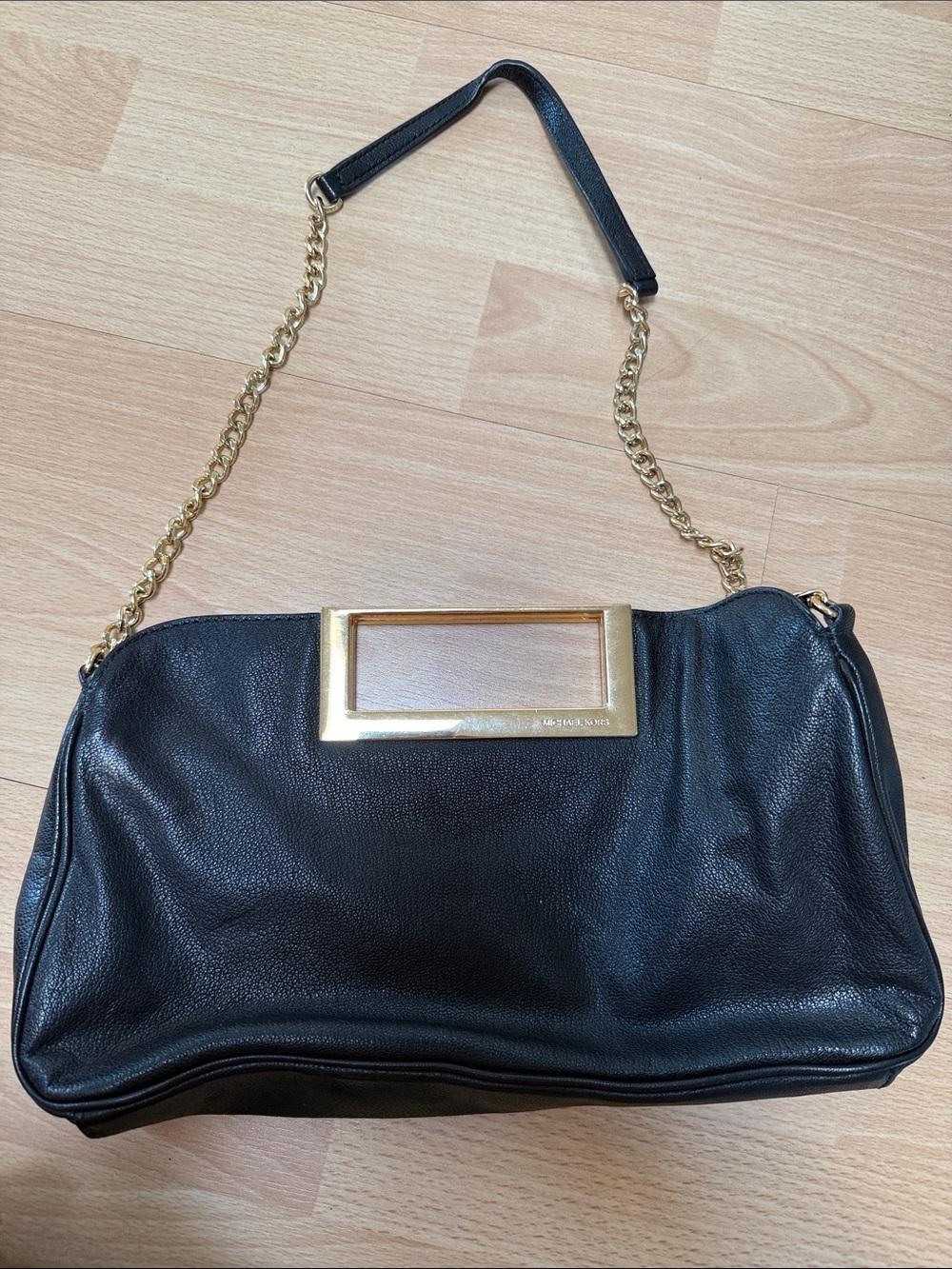 Michael Kors Black Leather Shoulder Bag with Gold Chain Detail
